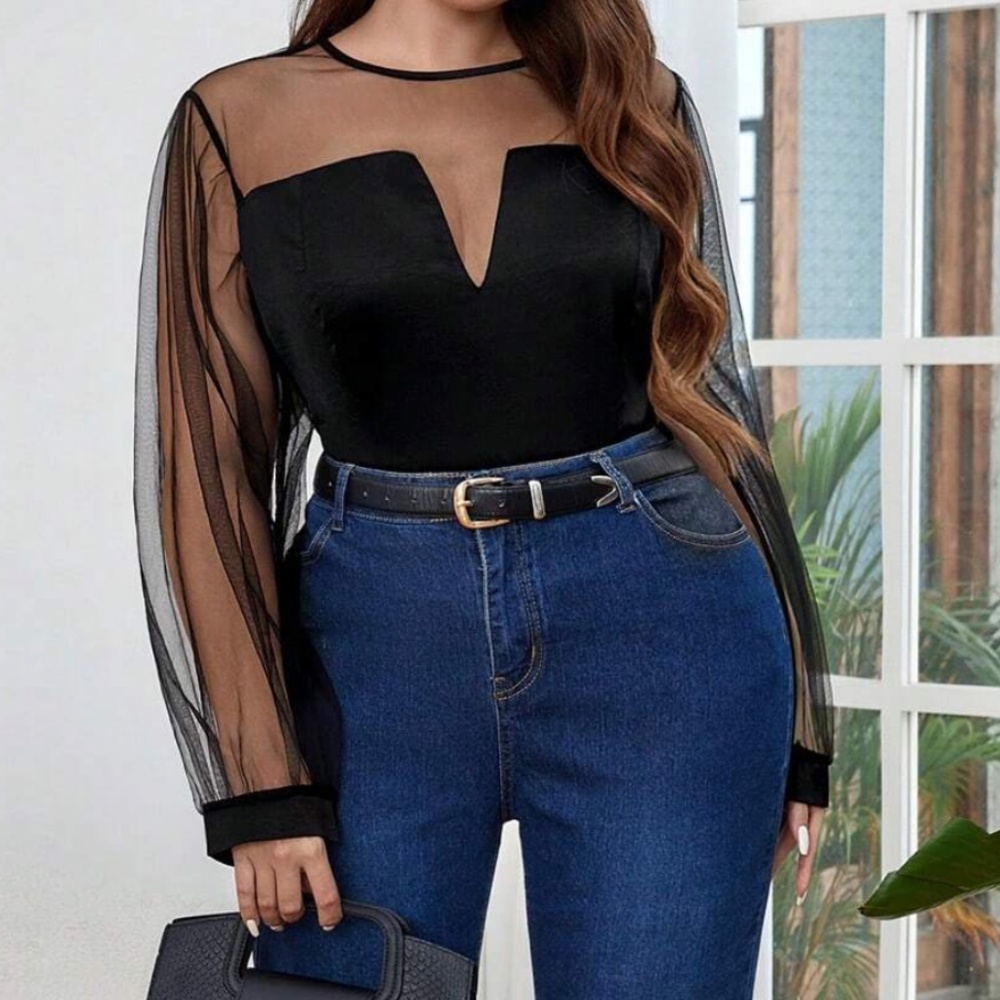 Plus Black Semi Sheer Long Sleeve top - Picture 5 of 5
